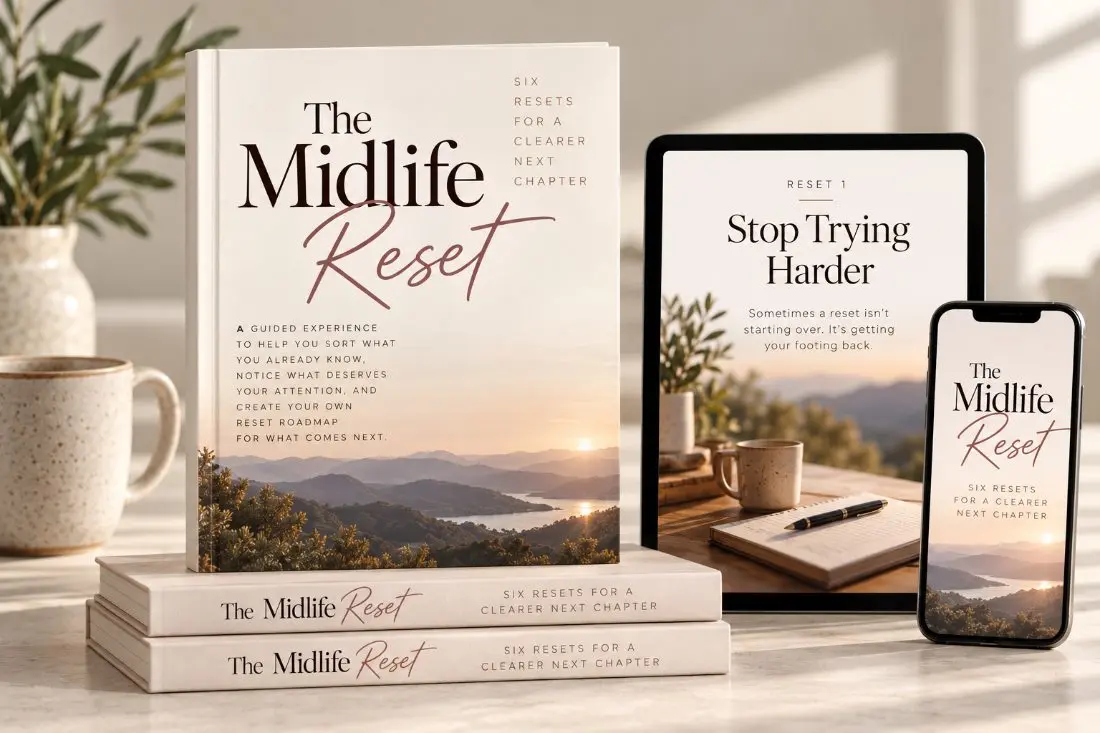 The Midlife Reset guide with tablet and phone